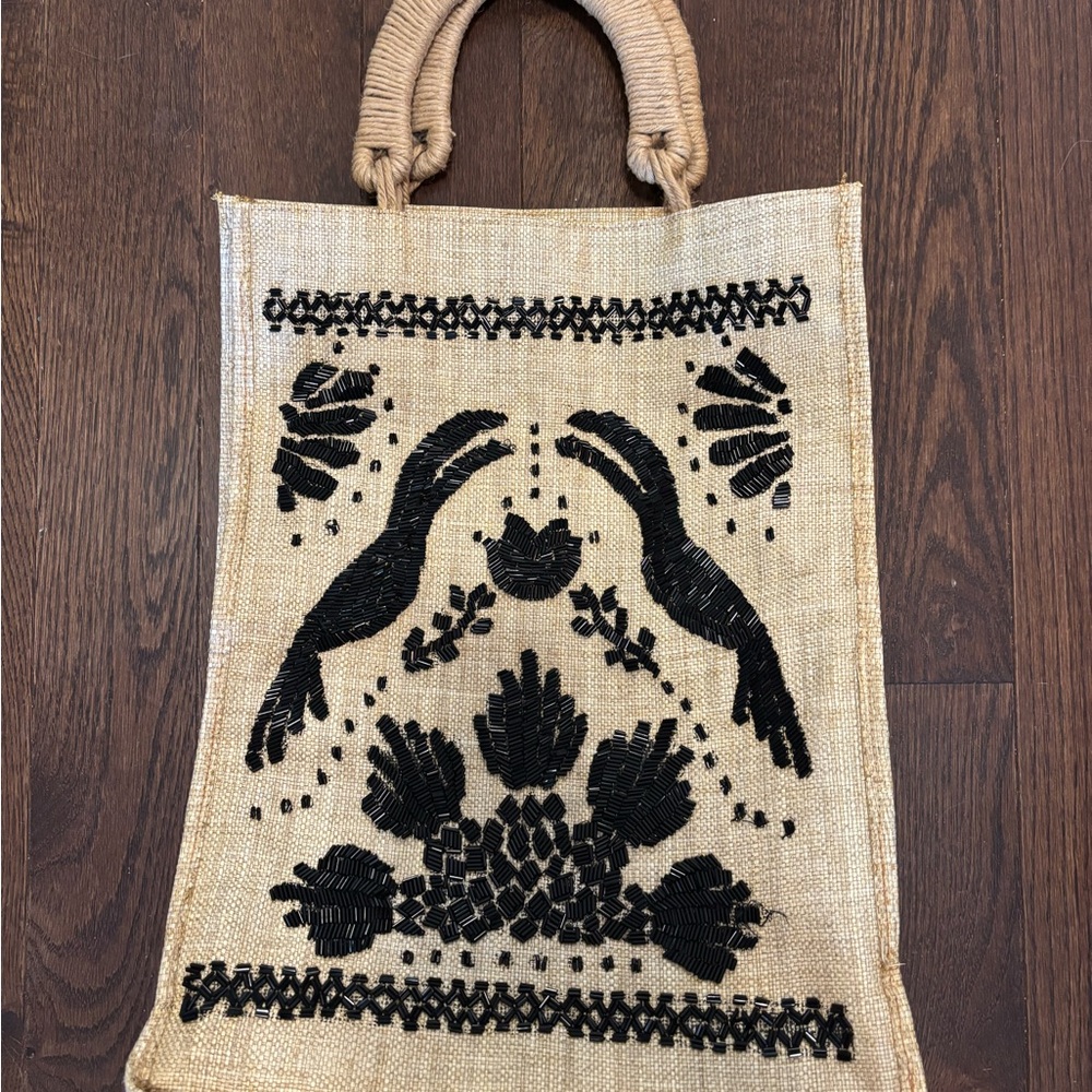 Farm Rio Handcrafted Tan and Black Tote Bag